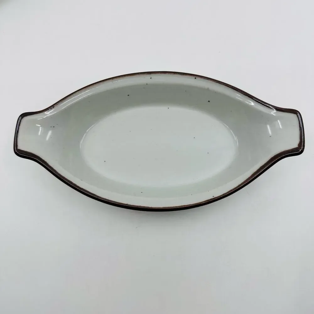 Stoneware 11 Pc Mug Au Gratin Dish Set Cream Brown Speckled VTG Organic Modern